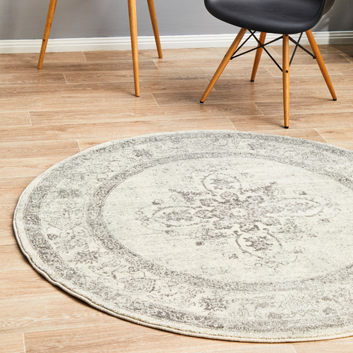 Silver & Grey Transitional Distressed Round Rug