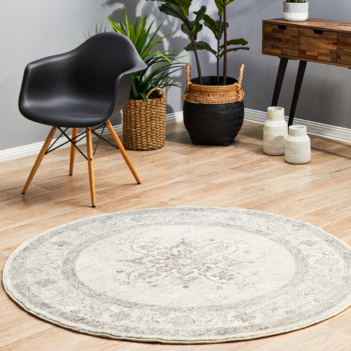 Silver & Grey Transitional Distressed Round Rug