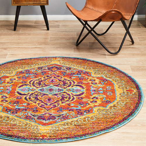 Network Tangerine Transitional Distressed Round Rug Temple & ster