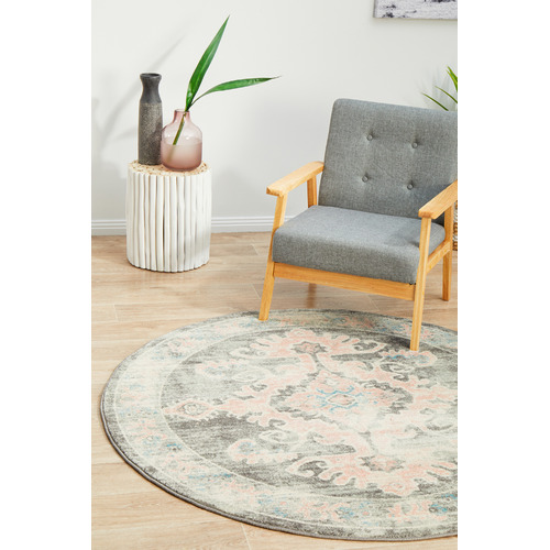 Grey & Dusty Pink Bohemain Round Rug