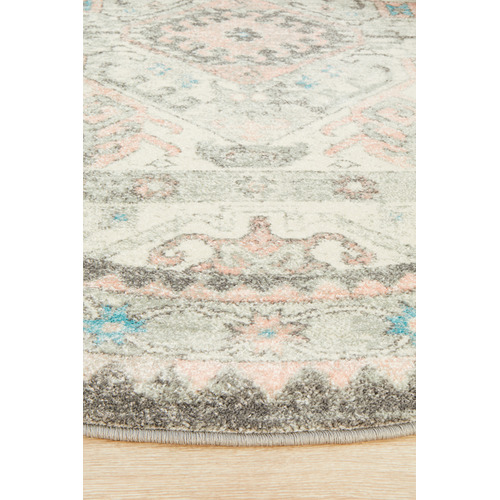 Silver Power-Loomed Bohemain Round Rug