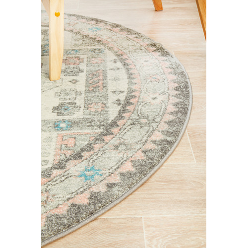 Silver Power-Loomed Bohemain Round Rug