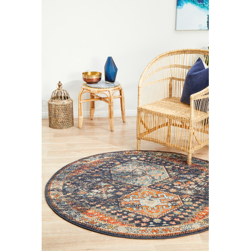 Navy Power-Loomed Transitional Round Rug