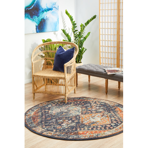 Navy Power-Loomed Transitional Round Rug