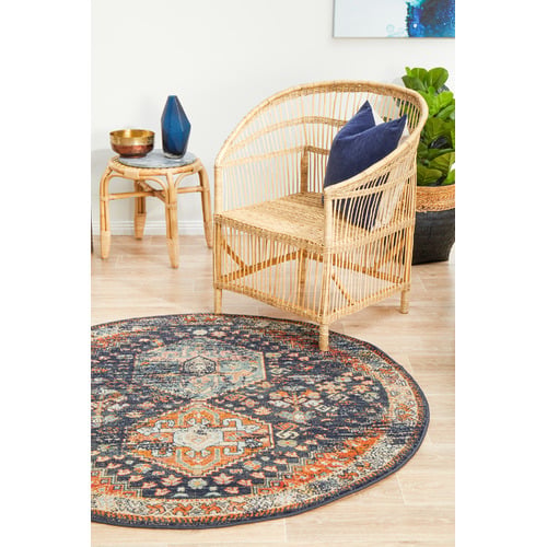 Navy Power-Loomed Transitional Round Rug