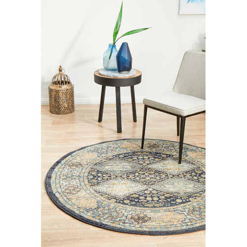 Navy & Sky Blue Power-Loomed Transitional Round Rug