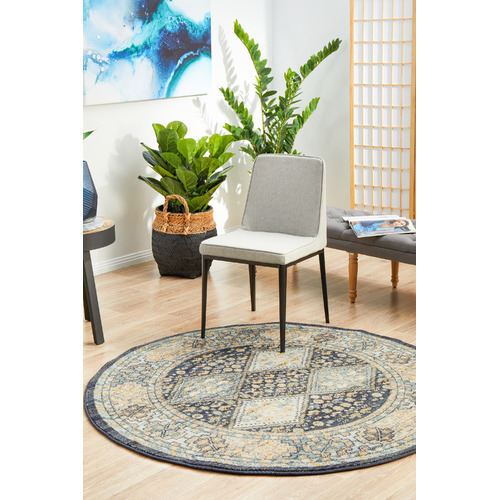Navy & Sky Blue Power-Loomed Transitional Round Rug