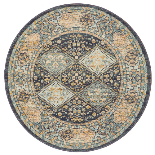 Navy & Sky Blue Power-Loomed Transitional Round Rug