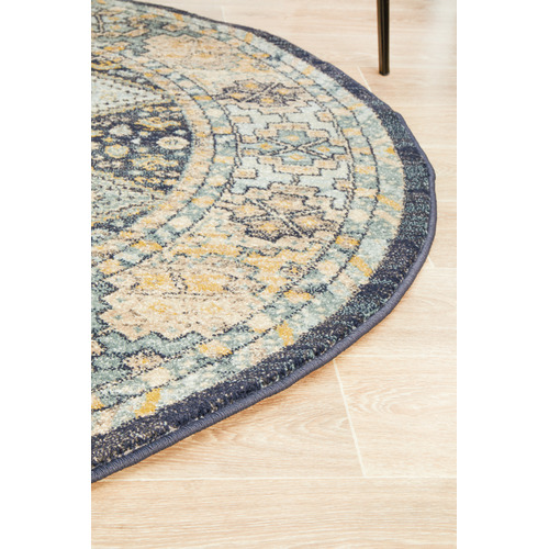 Navy & Sky Blue Power-Loomed Transitional Round Rug