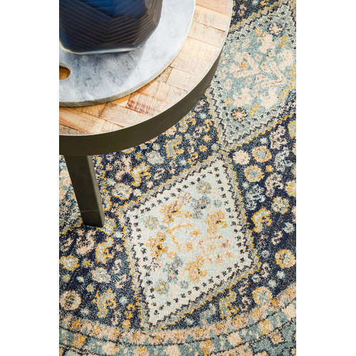 Navy & Sky Blue Power-Loomed Transitional Round Rug