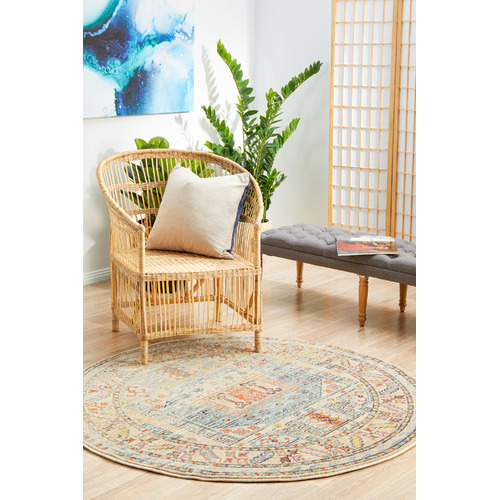 Sky Blue & Beige Power-Loomed Transitional Round Rug