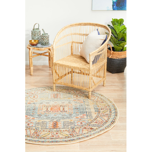 Sky Blue & Beige Power-Loomed Transitional Round Rug
