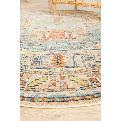 Sky Blue & Beige Power-Loomed Transitional Round Rug