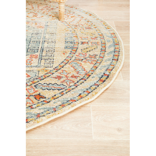 Sky Blue & Beige Power-Loomed Transitional Round Rug