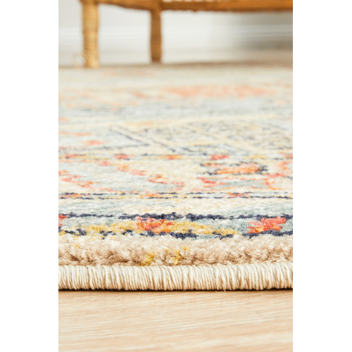 Sky Blue & Beige Power-Loomed Transitional Round Rug