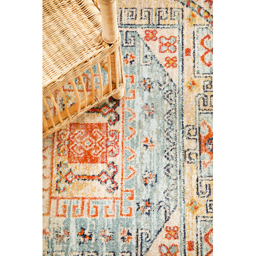 Sky Blue & Beige Power-Loomed Transitional Round Rug