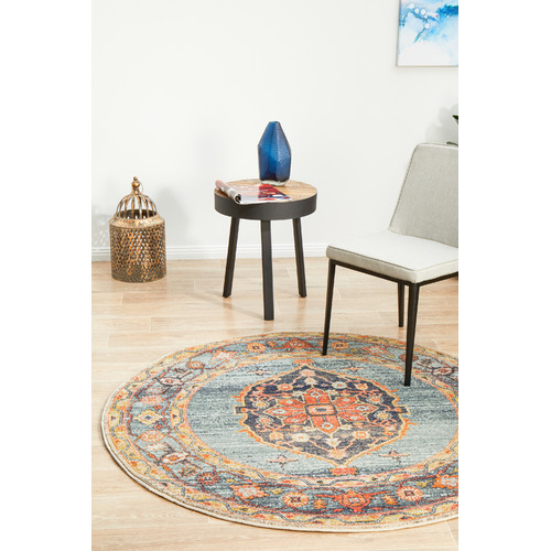 Rust & Blue Power-Loomed Transitional Round Rug