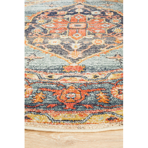 Rust & Blue Power-Loomed Transitional Round Rug