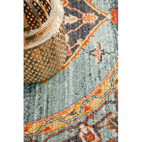 Rust & Blue Power-Loomed Transitional Round Rug
