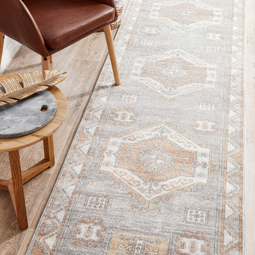 Grey & Peach Vintage Look Aztec Rug