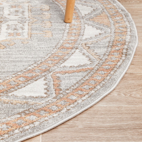Network Rugs Grey & Peach Vintage Look Aztec Round Rug Temple & Webster