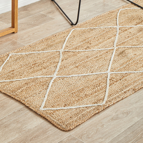 Natural & White Geometric Hand-Braided Jute Outdoor Runner