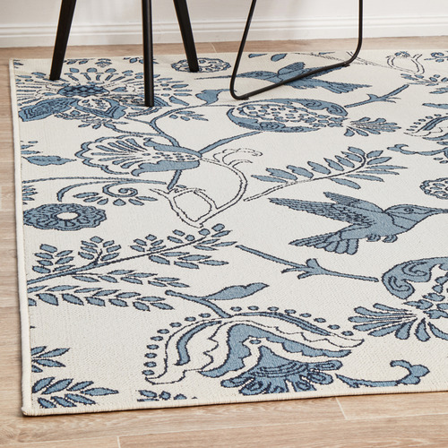 White & Blue Hummingbird Floral Power-Loomed Outdoor Rug