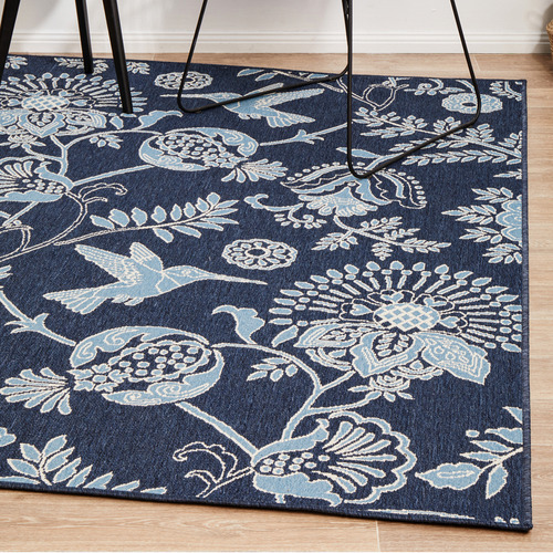 Navy Hummingbird Floral Power-Loomed Outdoor Rug