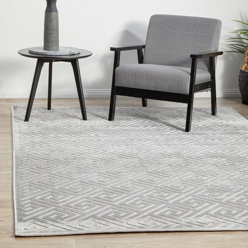 Silver Geometric Power-Loomed Textured Rug