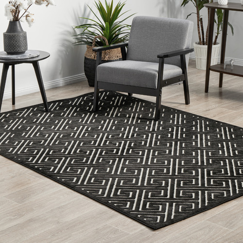 Black Geometric Power-Loomed Textured Rug