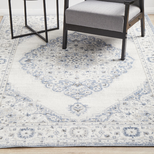Blue & Silver Silk Look Transitional Rug