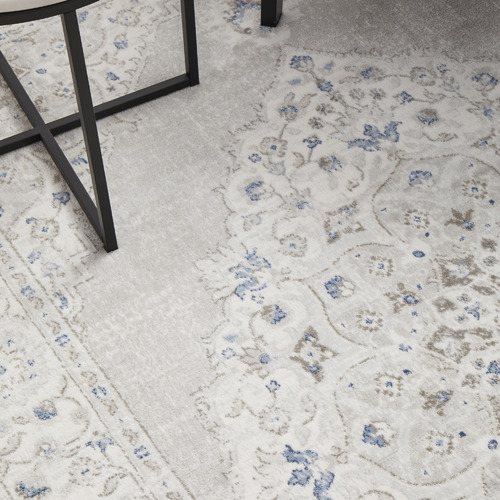 Silver & Navy Silk Look Transitional Rug