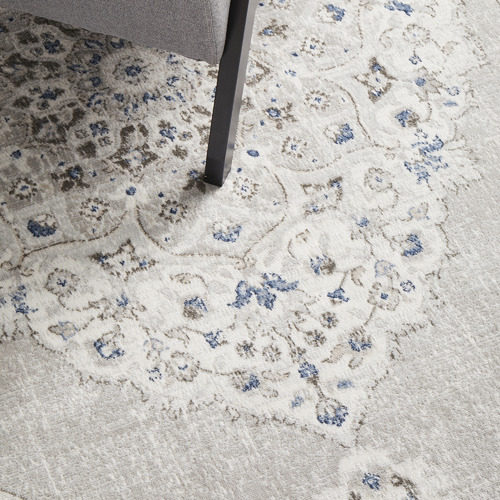 Silver & Navy Silk Look Transitional Rug