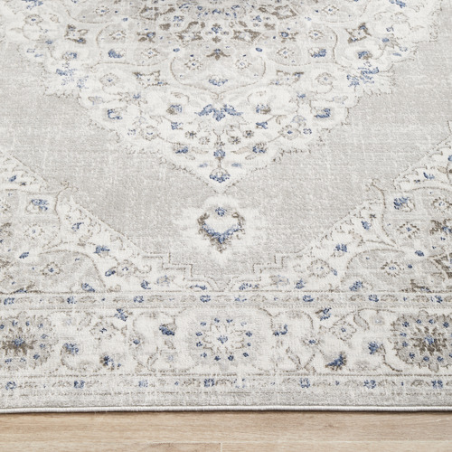 Silver & Navy Silk Look Transitional Rug