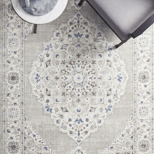 Silver & Navy Silk Look Transitional Rug