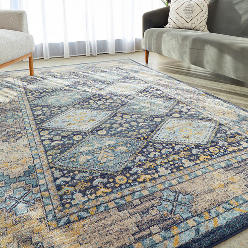 Navy & Sky Blue Power-Loomed Transitional Round Rug