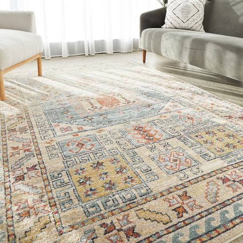 Sky Blue & Beige Power-Loomed Transitional Round Rug