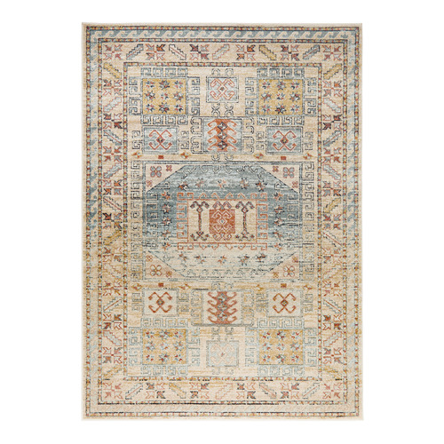 Sky Blue & Beige Power-Loomed Transitional Round Rug
