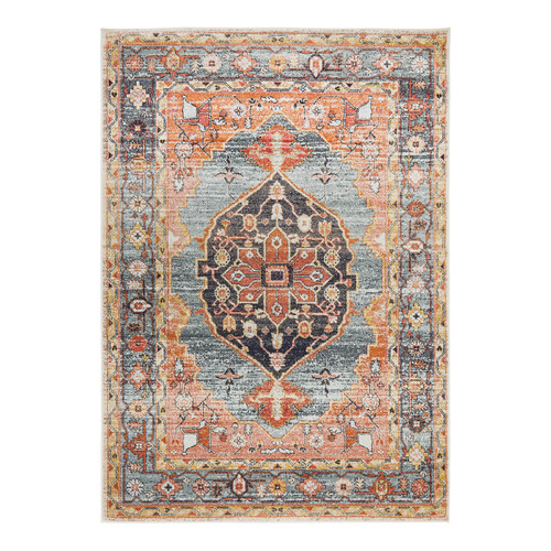Rust & Blue Power-Loomed Transitional Round Rug