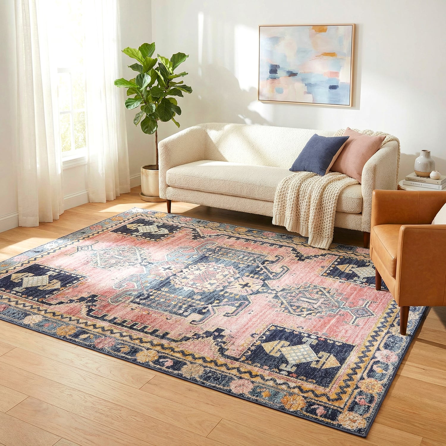 Red Power-Loomed Transitional  Round Rug