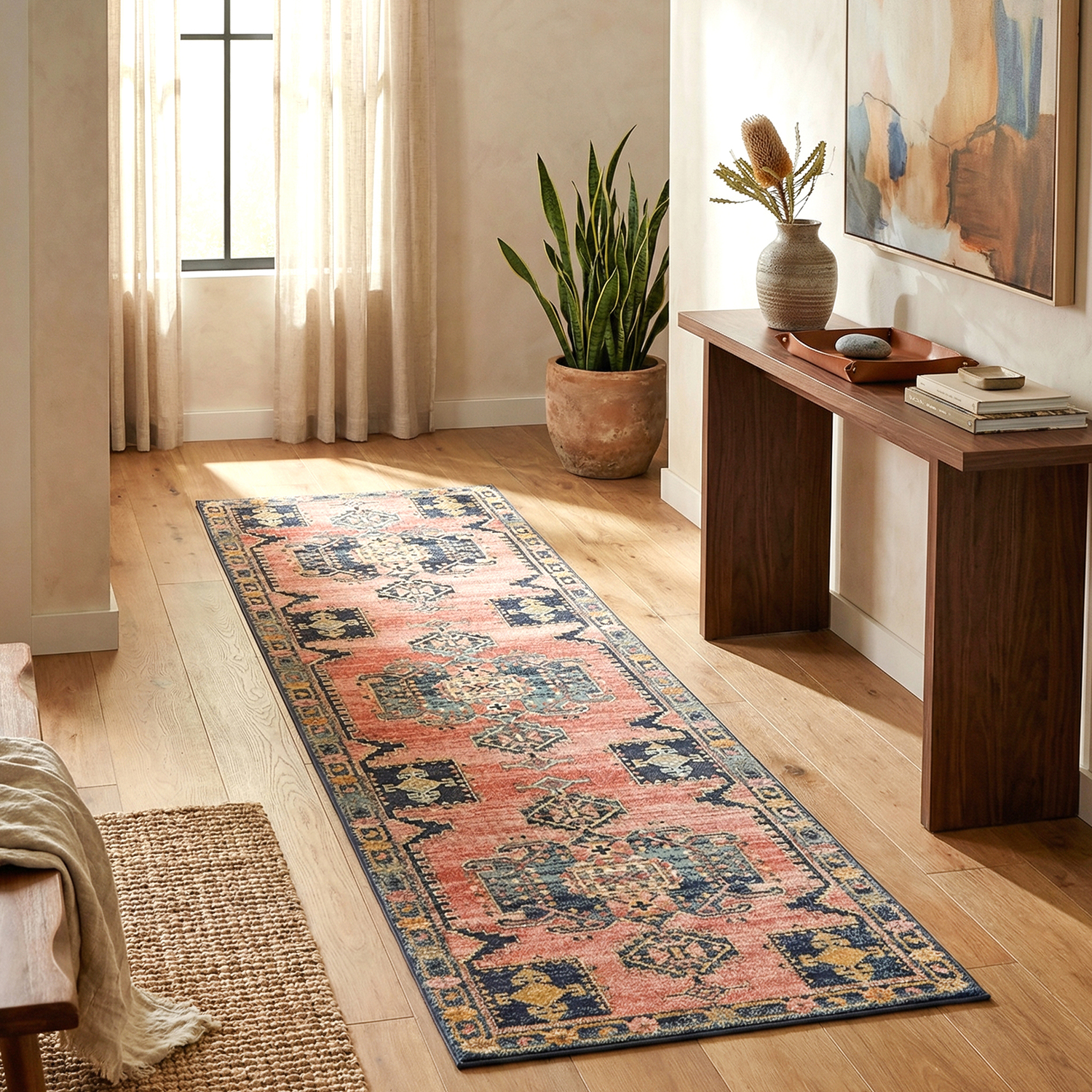 Red Power-Loomed Transitional  Round Rug