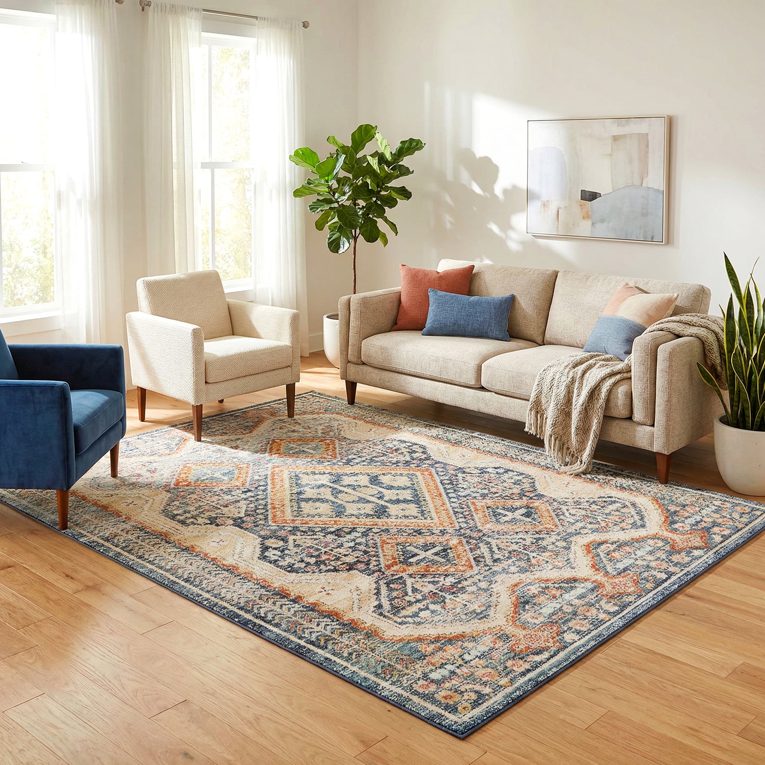 Rust & Beige Power-Loomed Transitional Round Rug