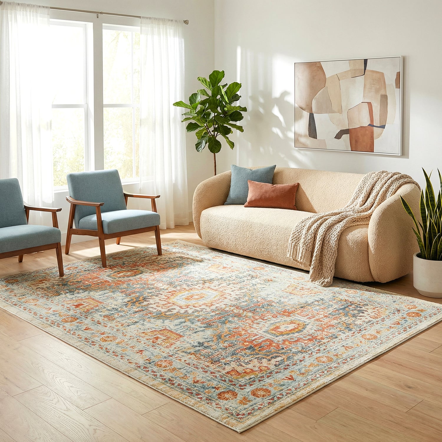 Multi-Coloured Power-Loomed Transitional Round Rug