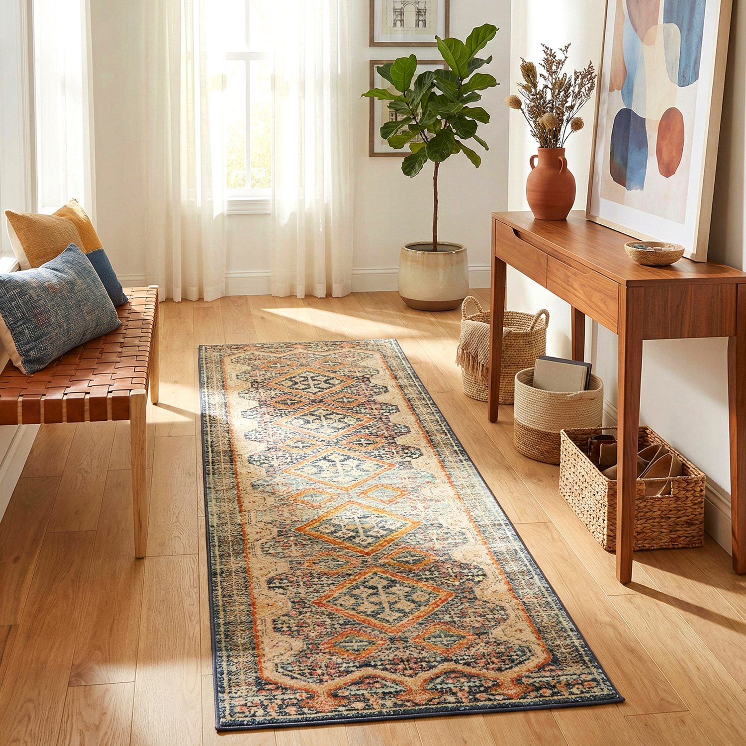 Rust & Beige Power-Loomed Transitional Round Rug