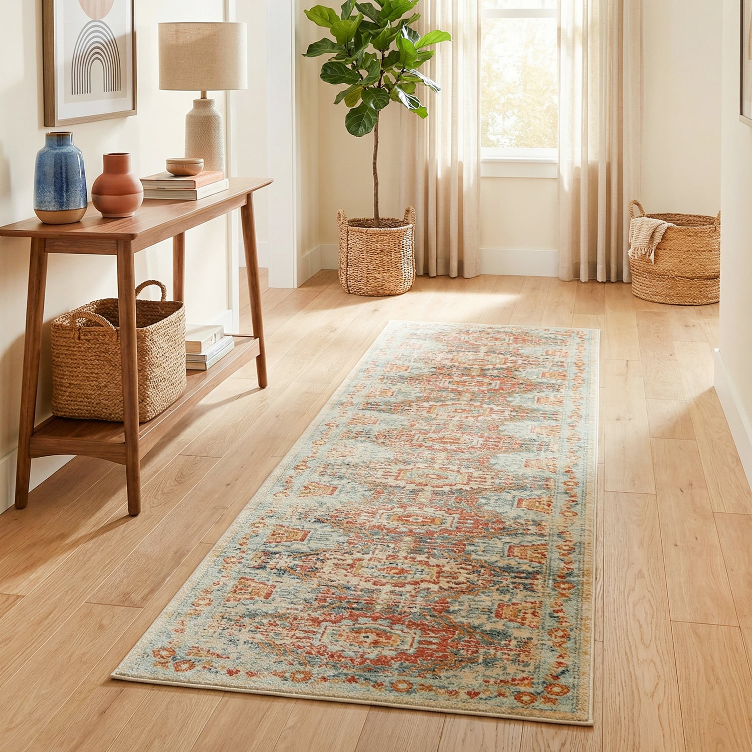 Multi-Coloured Power-Loomed Transitional Round Rug