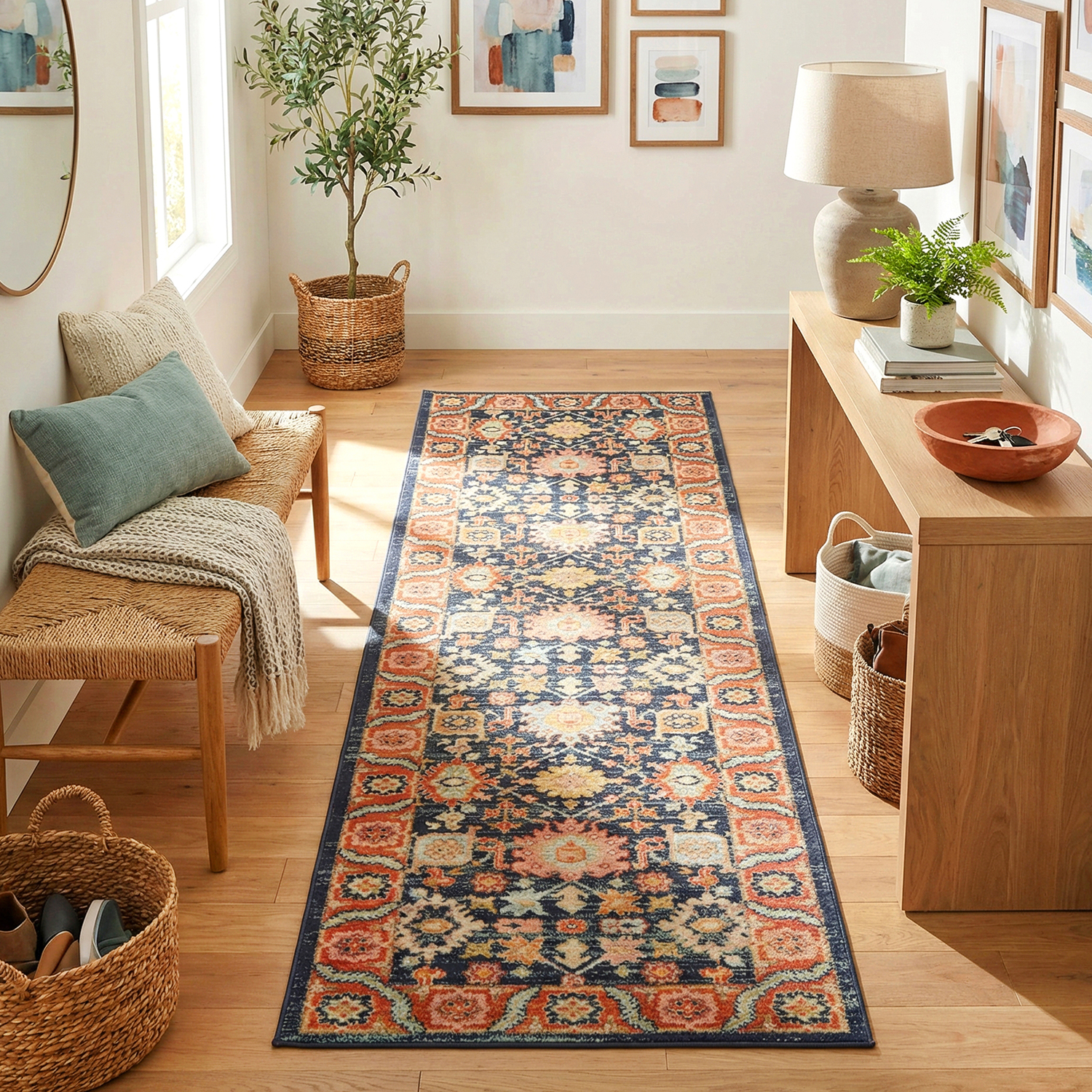Navy & Rust Power-Loomed Transitional Round Rug