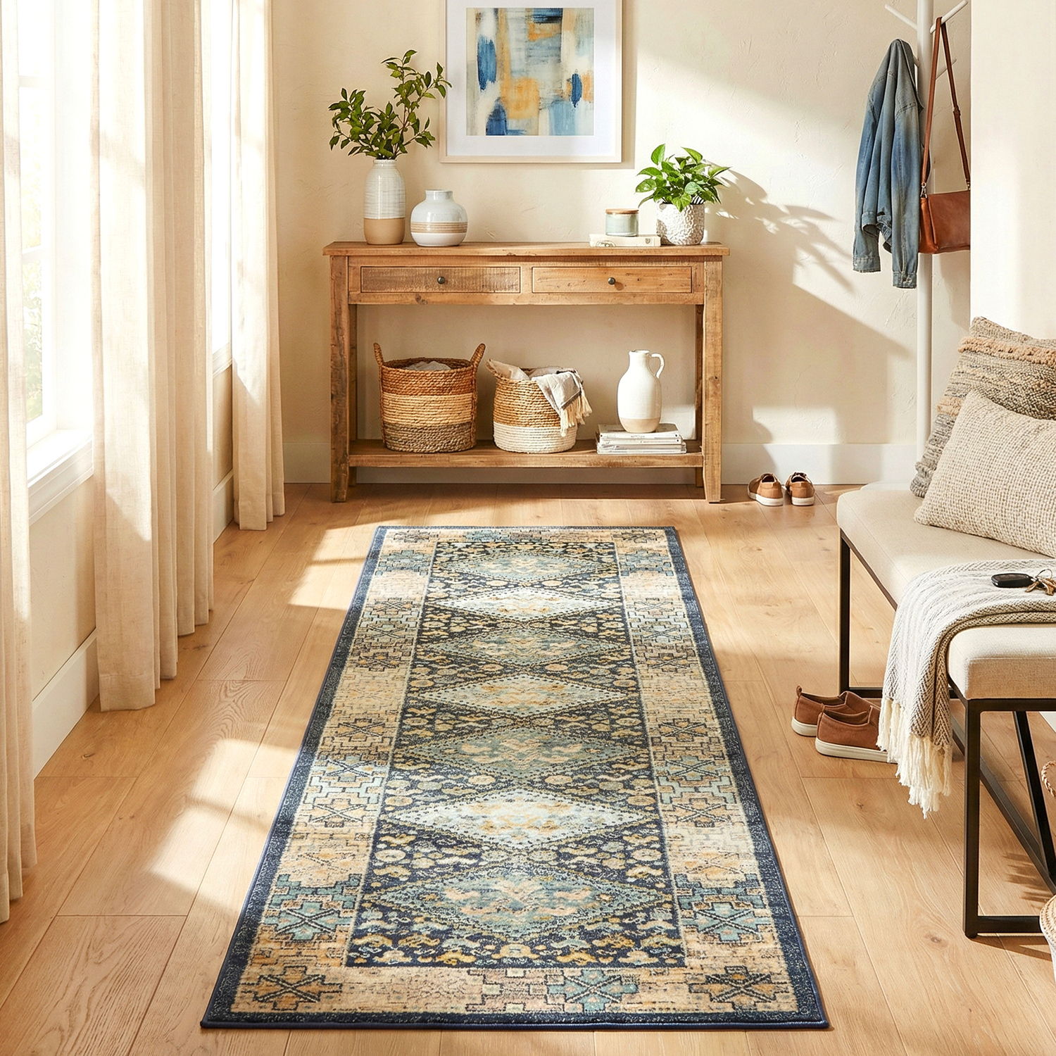 Navy & Sky Blue Power-Loomed Transitional Round Rug