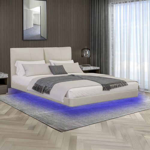 Beige Bentold Leatherette Floating Bed with LED