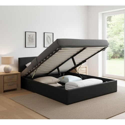 Black Makoto Faux Leather Gas Lift Storage Bed Frame