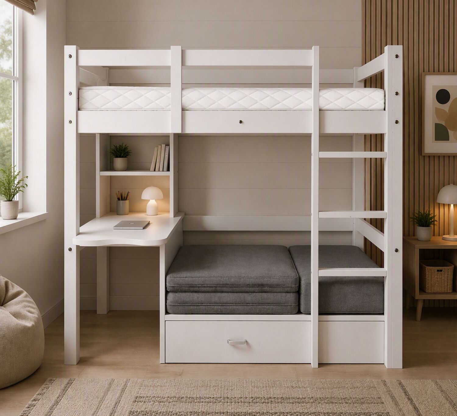 Auren Convertible Single Bunk Bed with Desk & Mattress